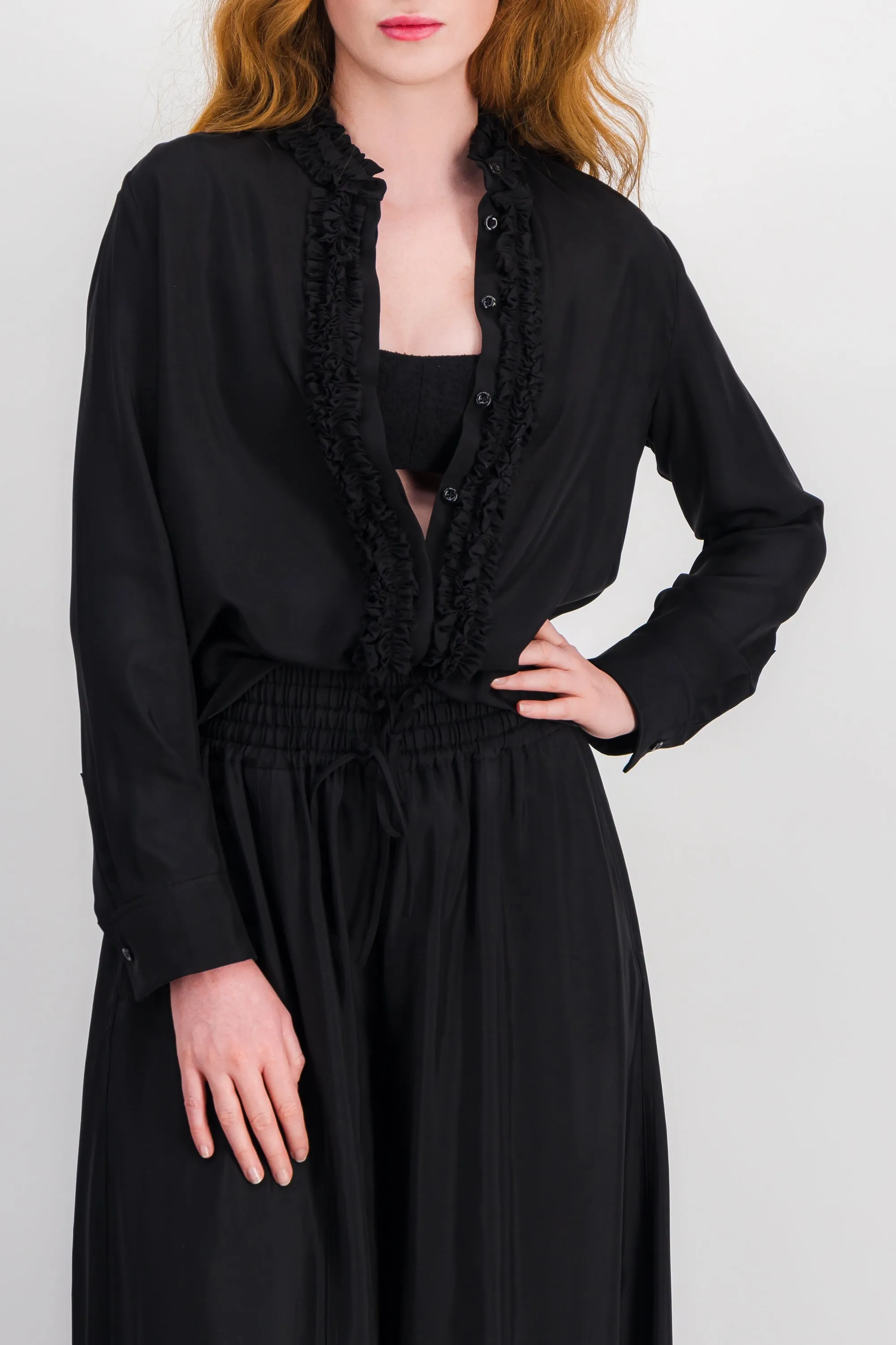 Washed fluid viscose shirt with ruffled colllar and buttonlining sold by Renaisa product image thumbnail 2