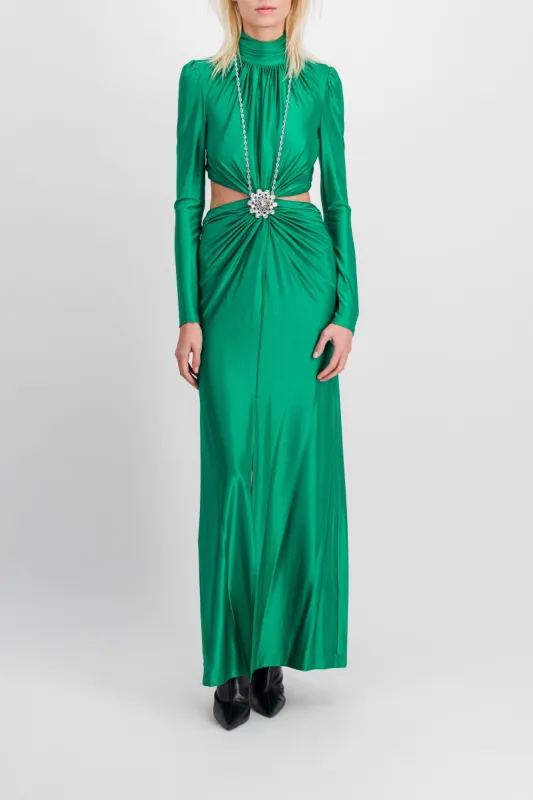 Draped cut-out maxi dress with crystal brooch sold by Renaisa