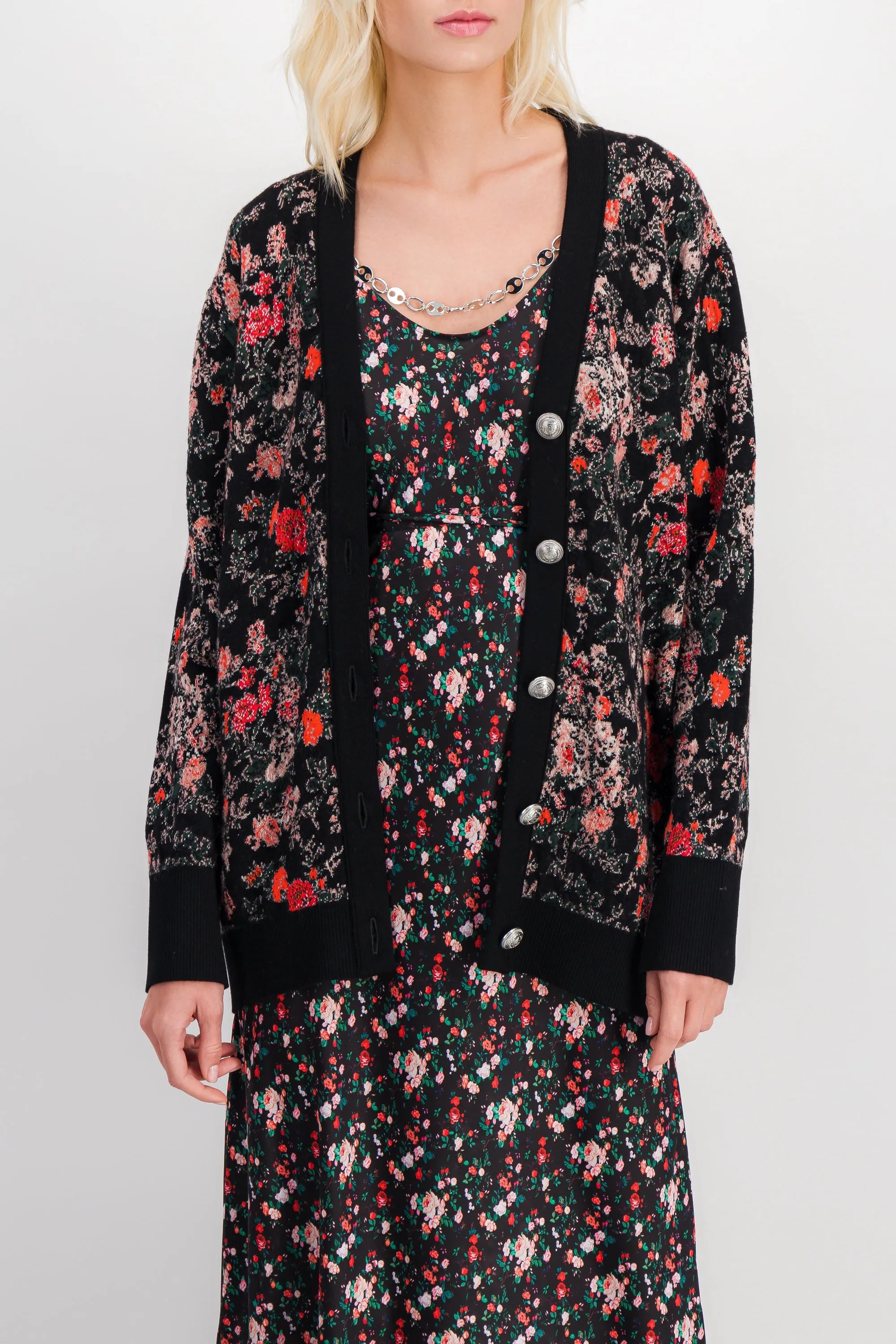 Loose v-neck knit jacquard flower cardigan sold by Renaisa product image thumbnail 2