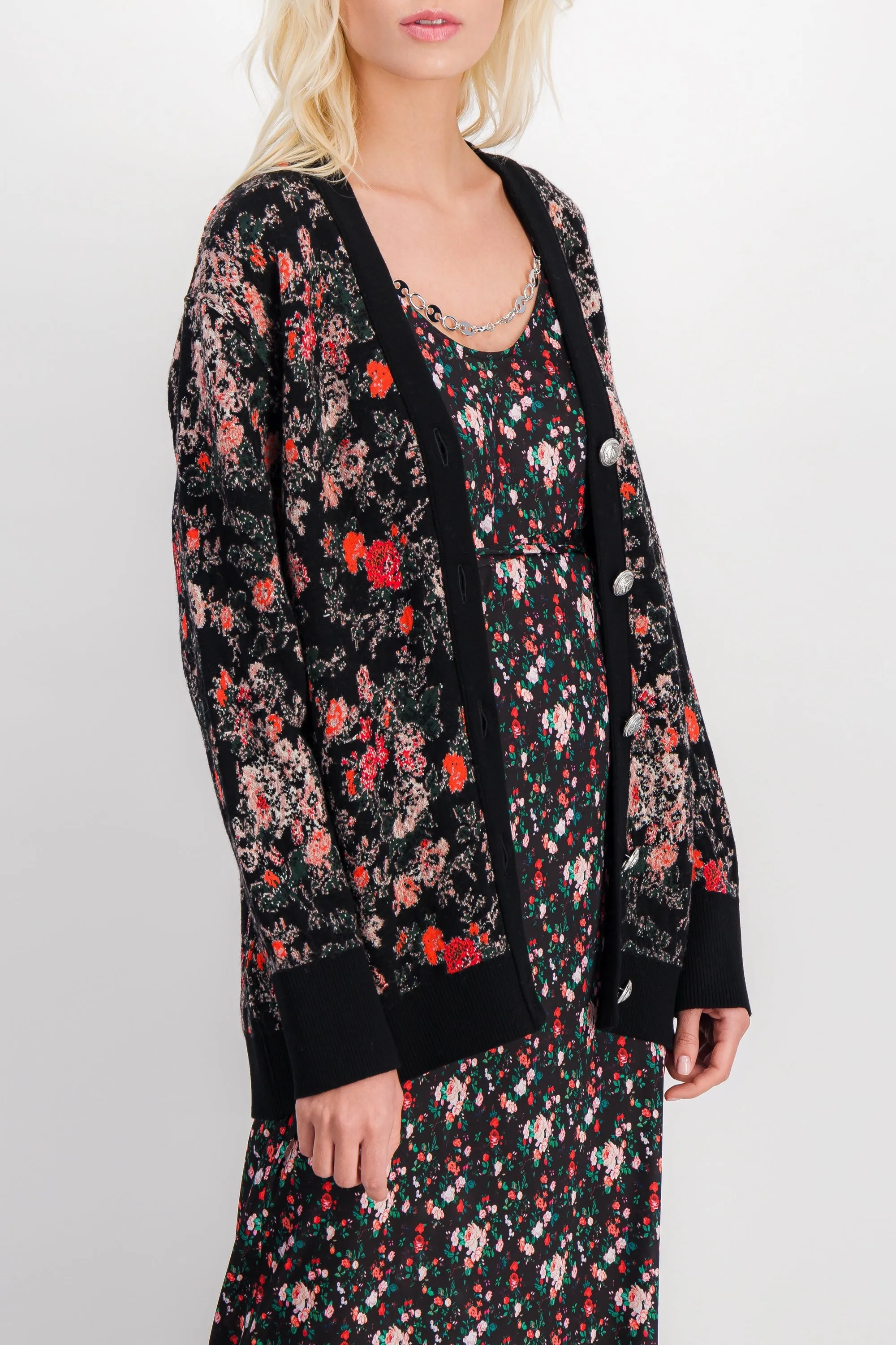 Loose v-neck knit jacquard flower cardigan sold by Renaisa product image thumbnail 3