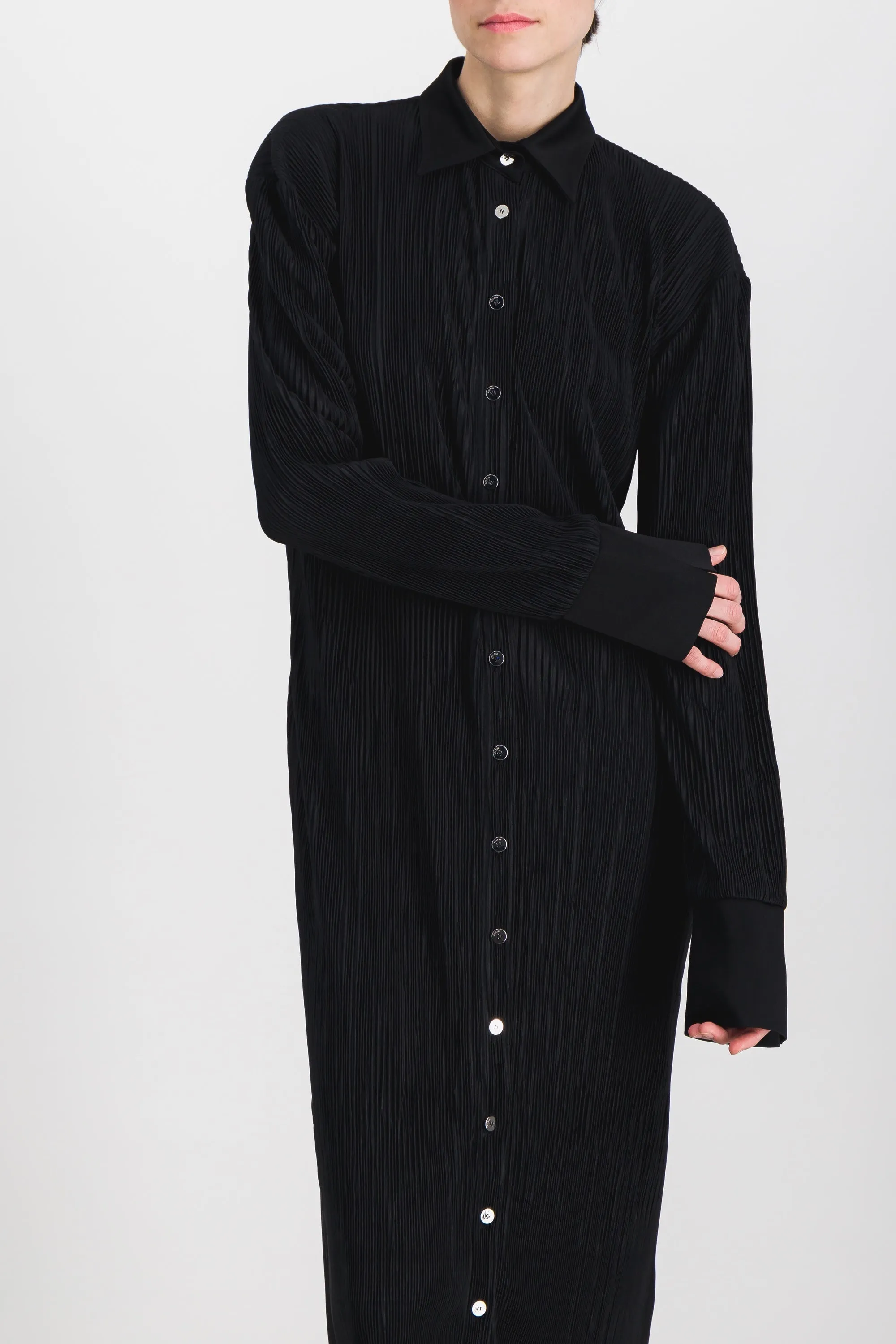 Pleated recycled jersey satin longsleeved midi shirt dress sold by Renaisa product image thumbnail 2