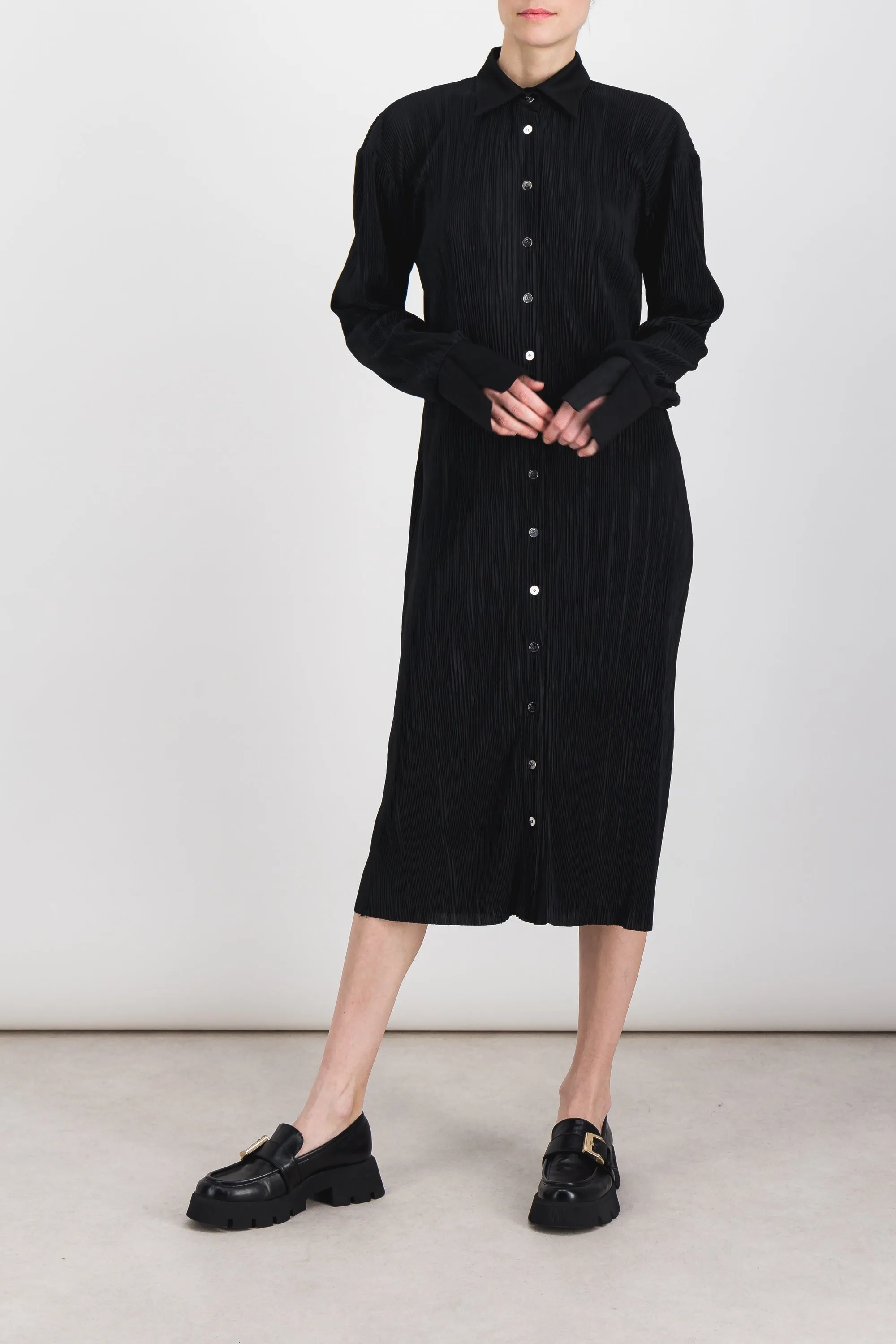 Pleated recycled jersey satin longsleeved midi shirt dress sold by Renaisa
