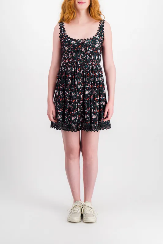 Flower printed mini dress with elasticated waist and lace details sold by Renaisa