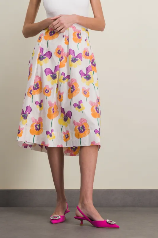 Pleated cotton midi-skirt with pansies flower print sold by Renaisa