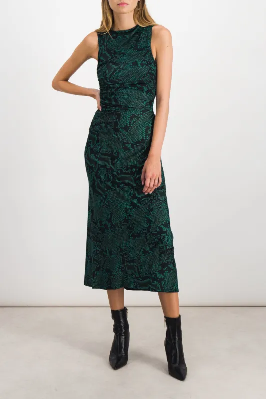 Asymmetric green snake printed sleeveless draped maxi dress sold by Renaisa