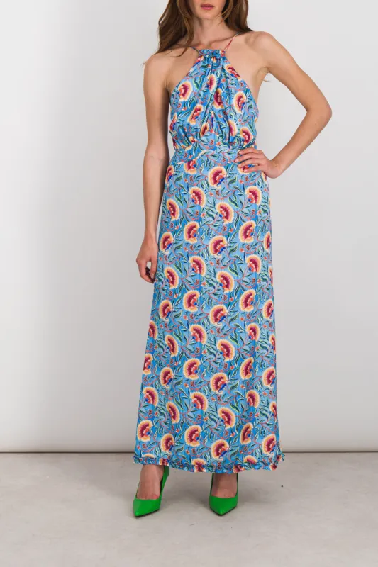 Fluid flower printed halterneck maxi dress sold by Renaisa