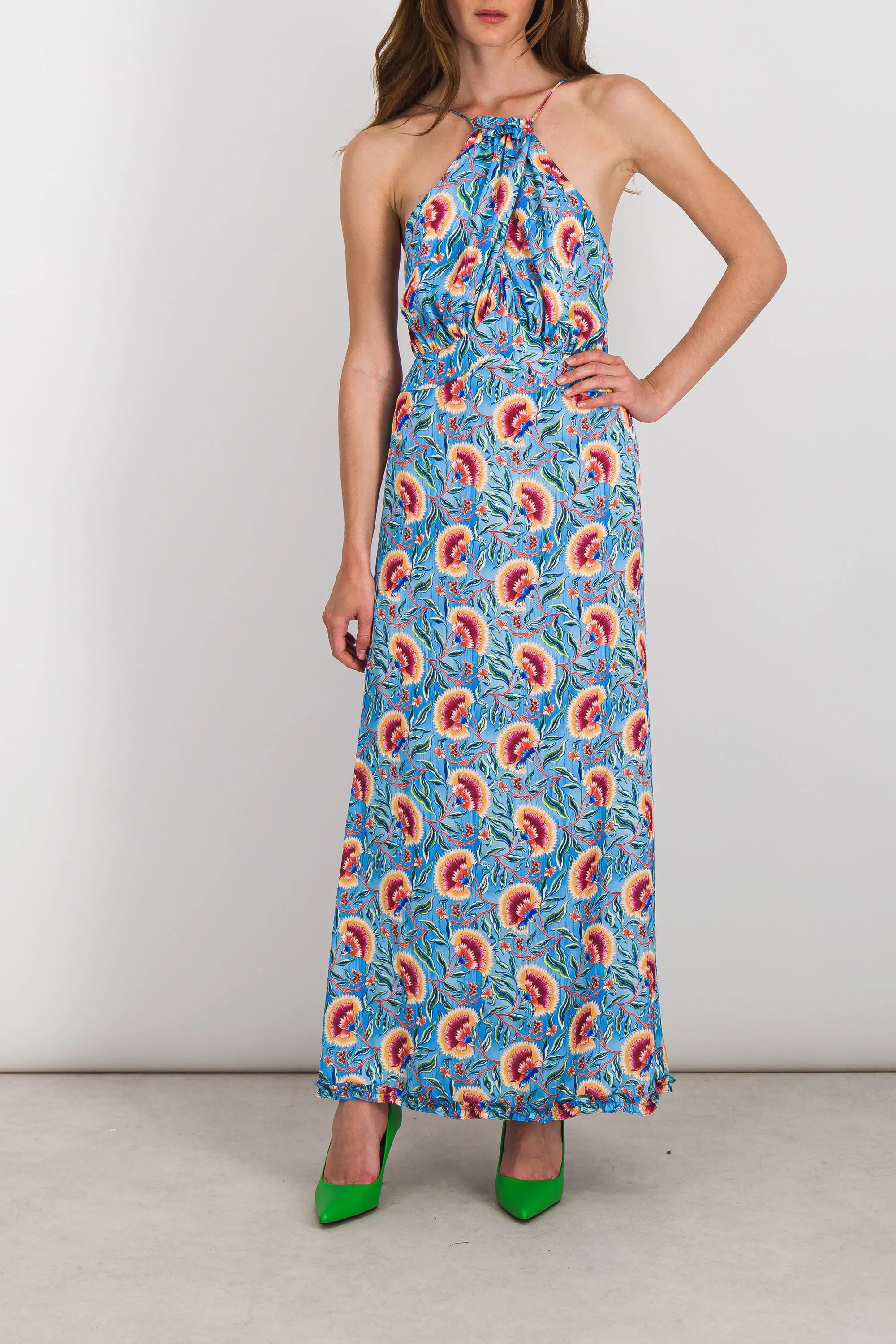 Fluid flower printed halterneck maxi dress sold by Renaisa