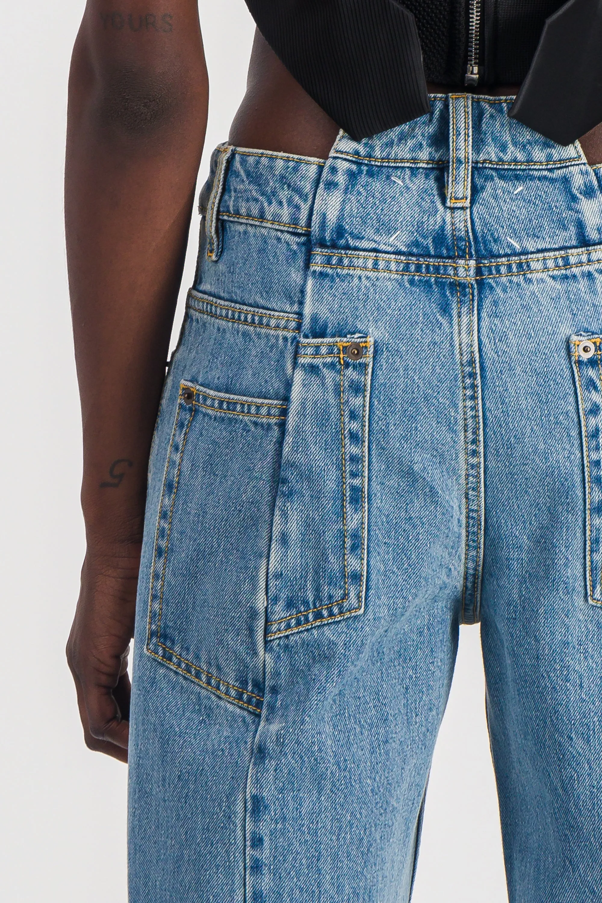 Extra wide leg blue denim jeans with cut-out belt sold by Renaisa product image thumbnail 4