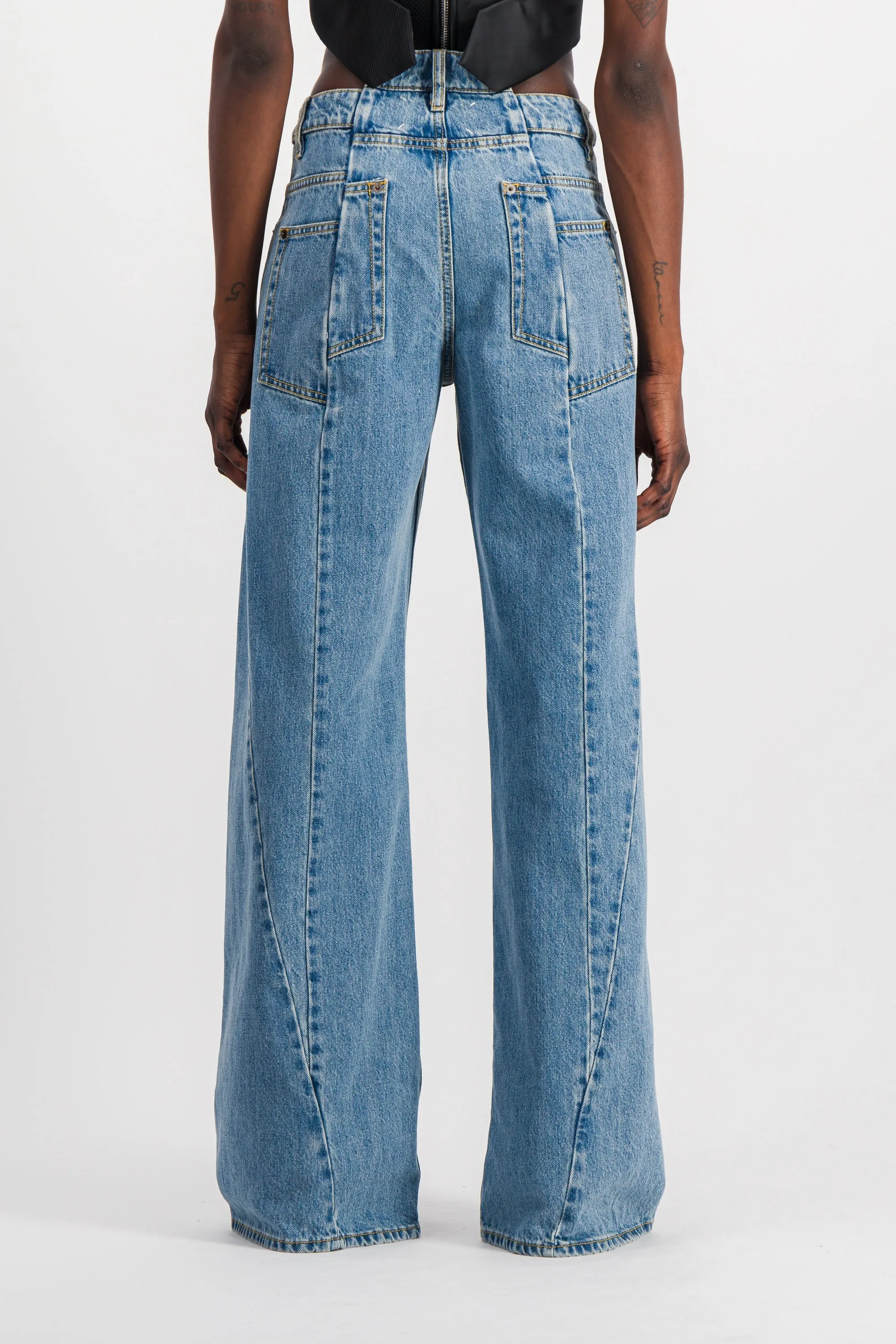Extra wide leg blue denim jeans with cut-out belt sold by Renaisa product image thumbnail 3