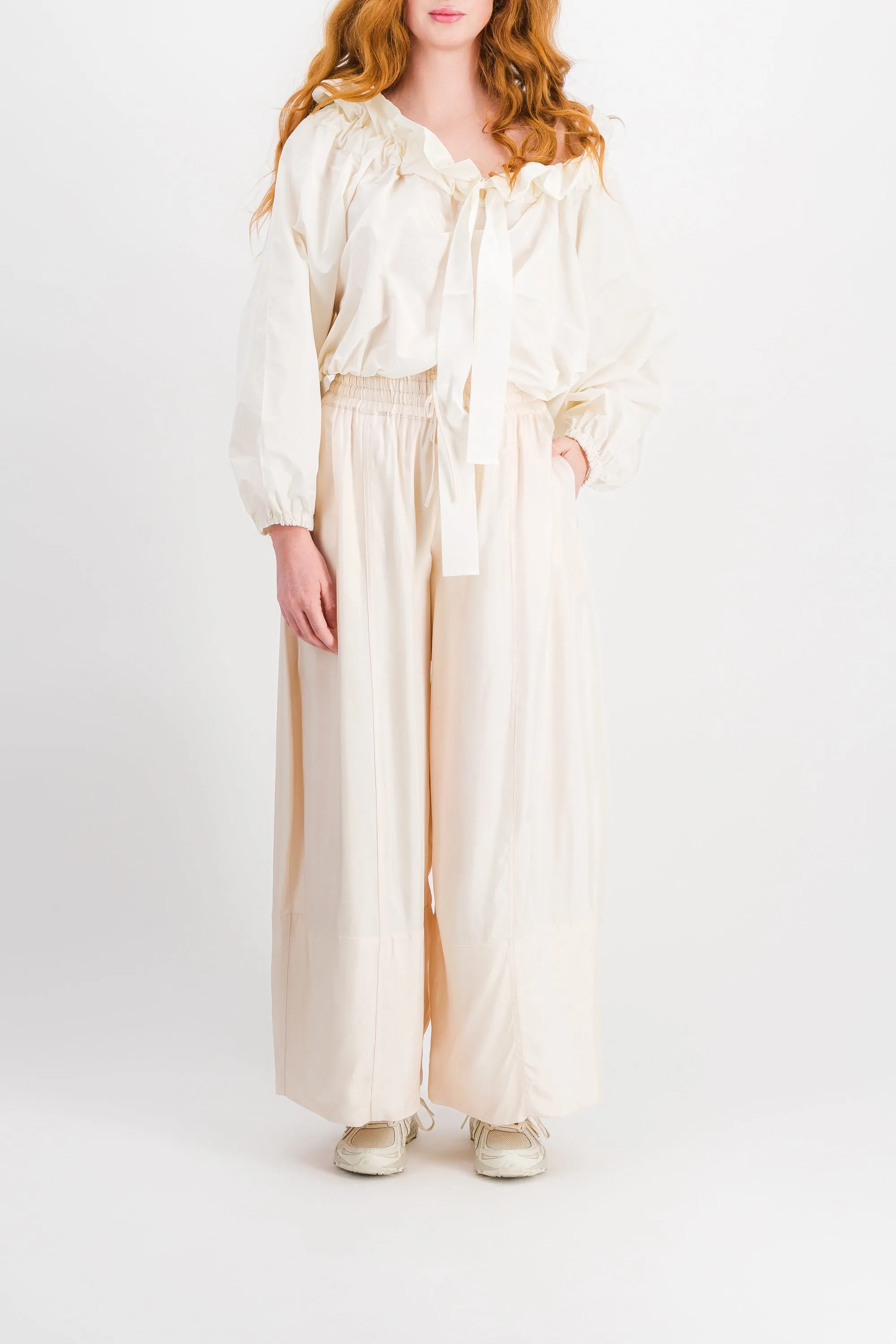 Ivory extra wide leg pants in fluid washed viscose with drawstring wide belt sold by Renaisa product image thumbnail 2