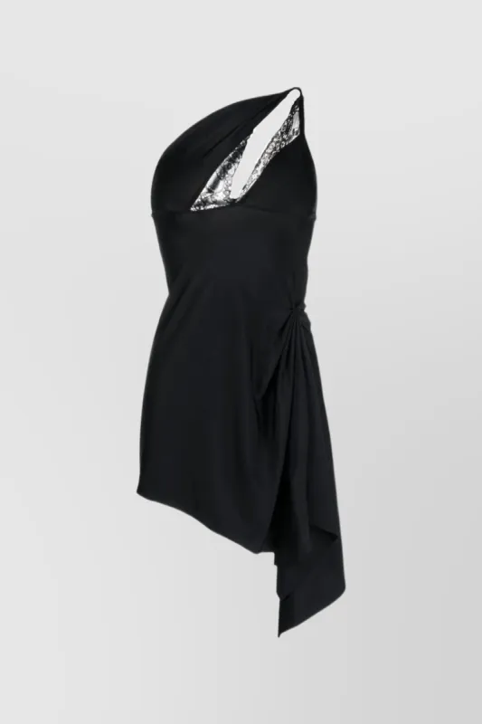 Black asymmetric jersey-lace mini dress sold by Renaisa