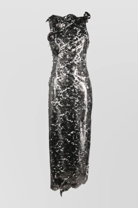 Asymmetric stretch lace cut-out maxi dress with flower embellishments sold by Renaisa