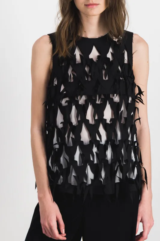 Bi-fabric top with cut-outs and contrast lining sold by Renaisa