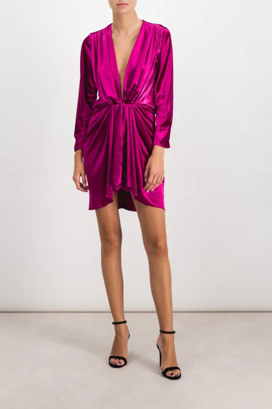 Deep v neck long sleeve draped velvet mini dress sold by Renaisa