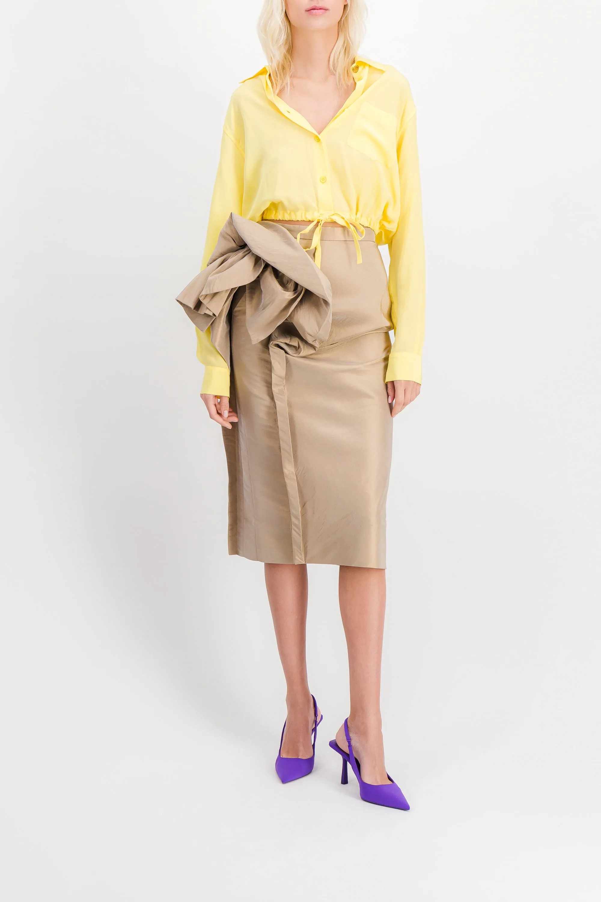 Transparent nylon pencil midi skirt with draped flower sold by Renaisa product image thumbnail 2