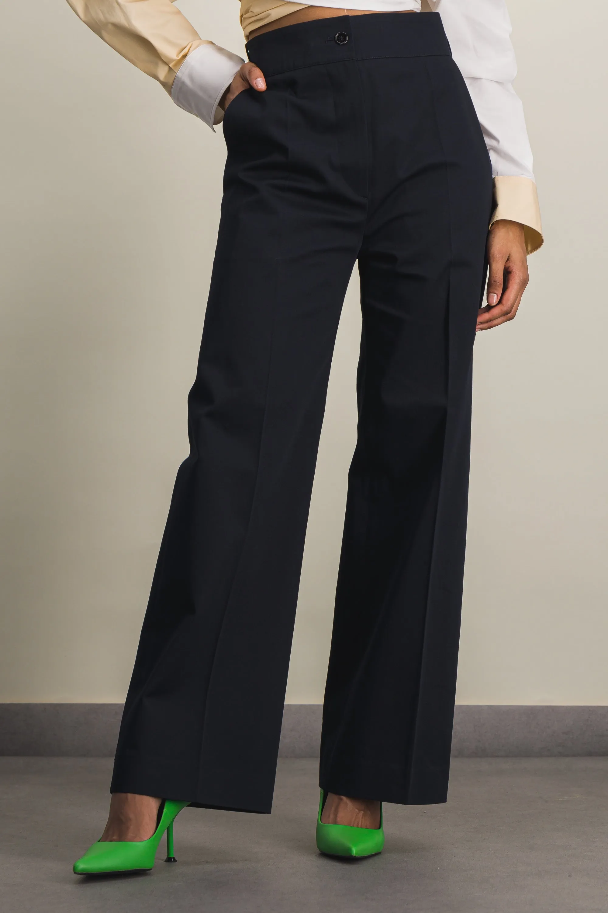Straight leg tailored night blue organic coton pants sold by Renaisa
