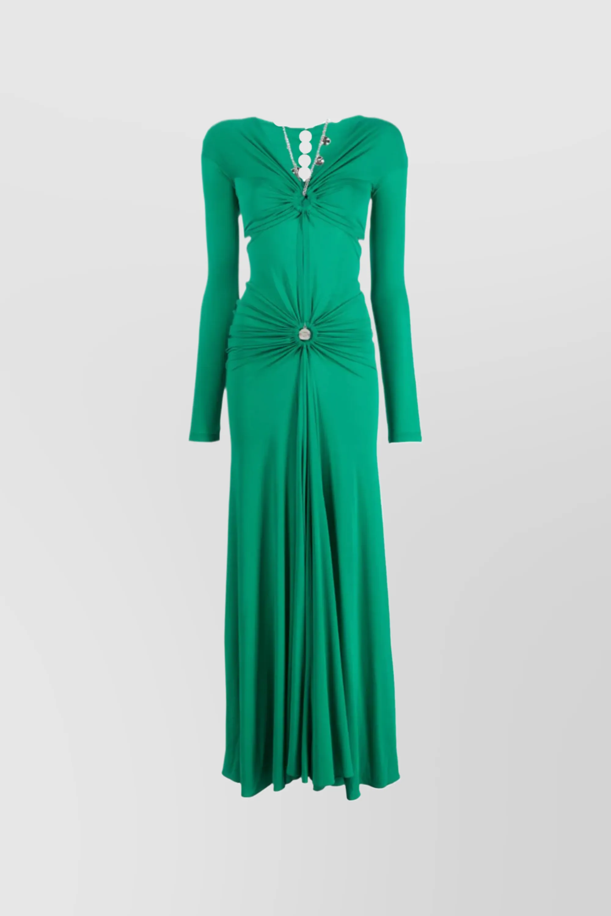 Chain-detail ruched long dress sold by Renaisa