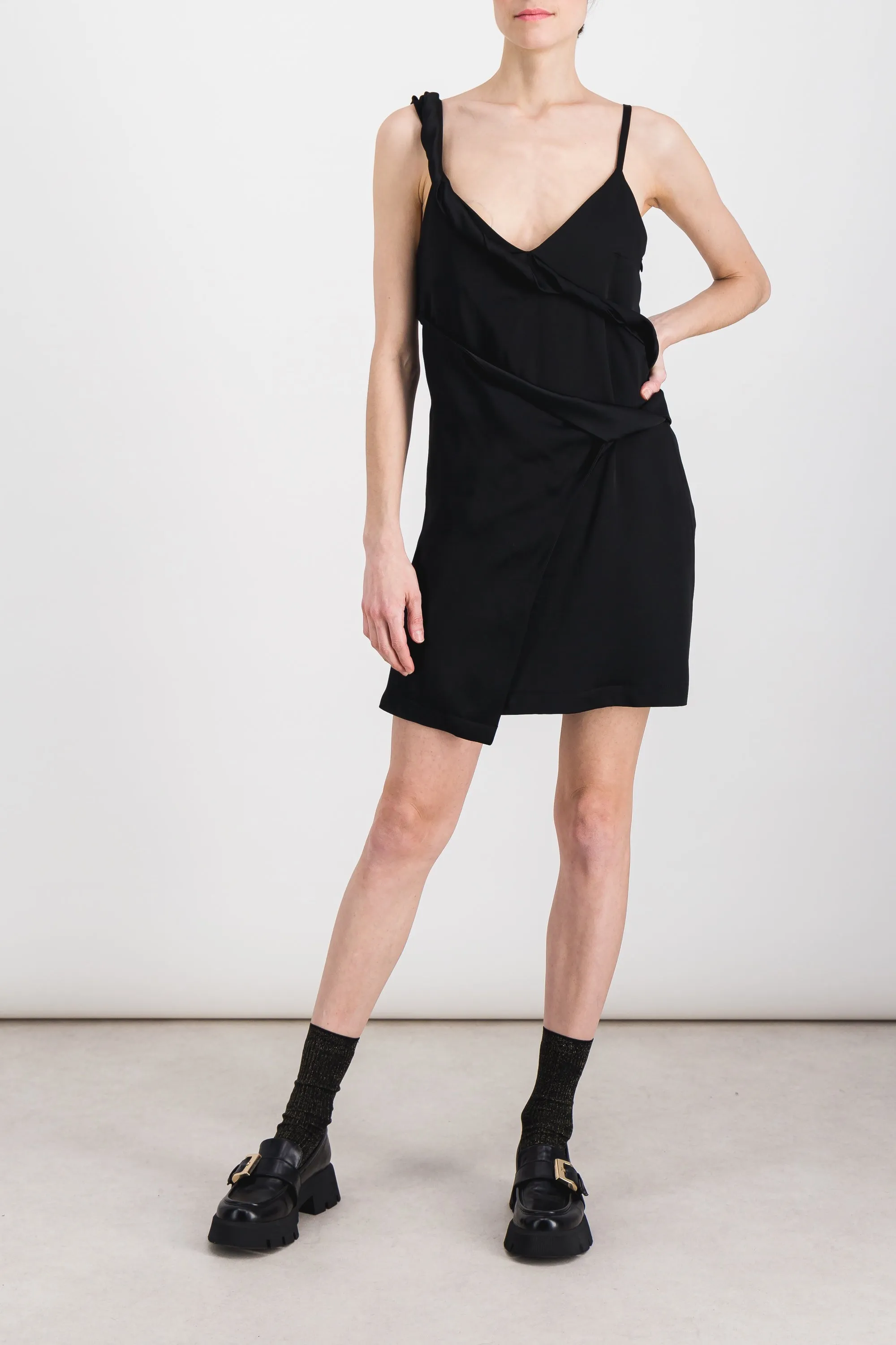 Asymmetric straps draped crêpe satin mini dress sold by Renaisa