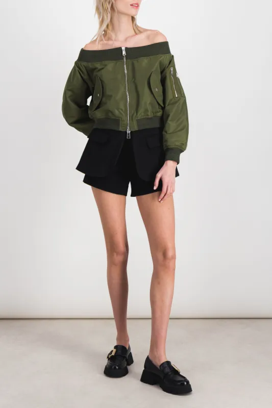 Off-the-shoulder cropped bomber jacket sold by Renaisa