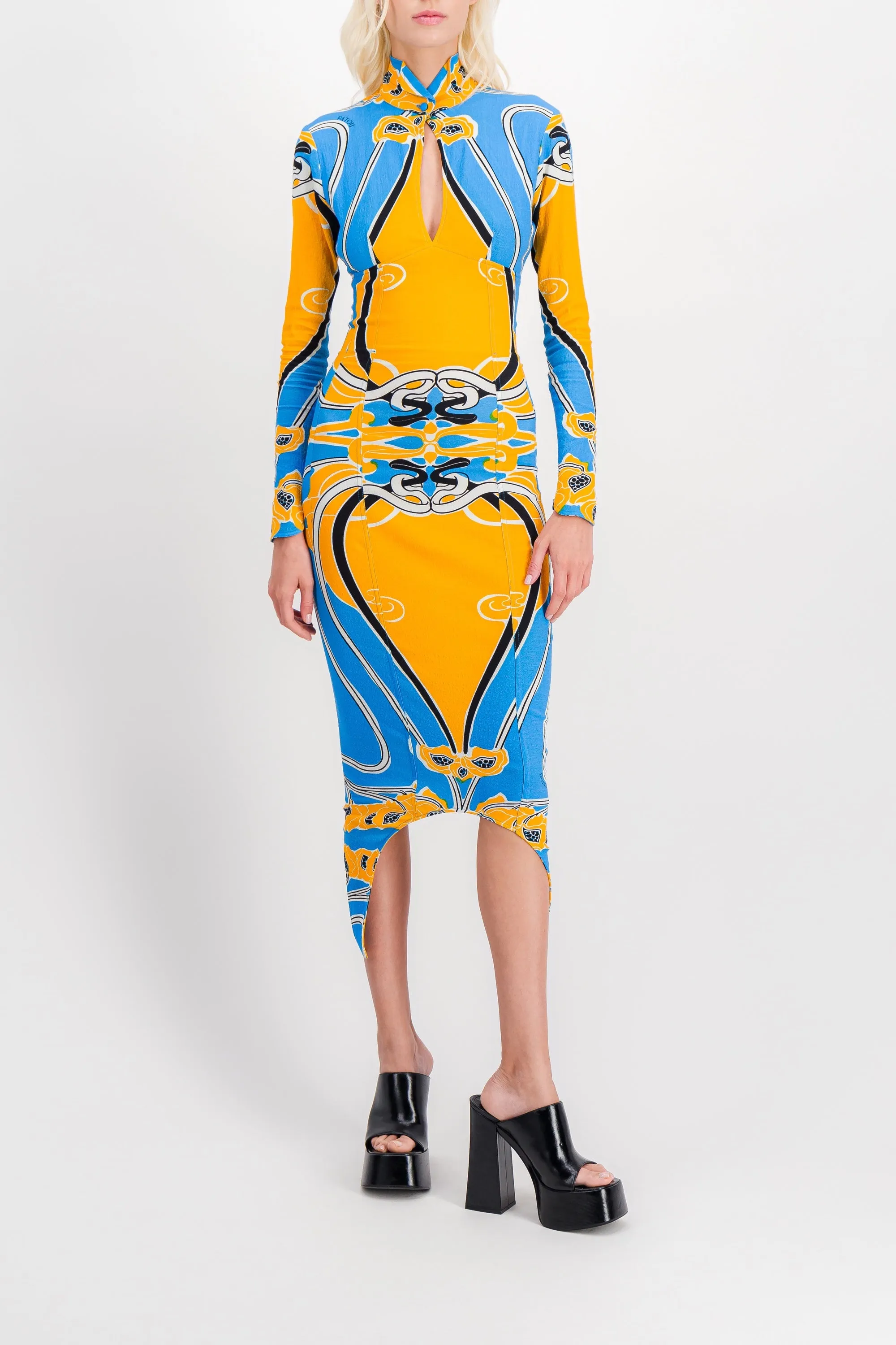 Printed cut out curve midi dress with long sleeves sold by Renaisa