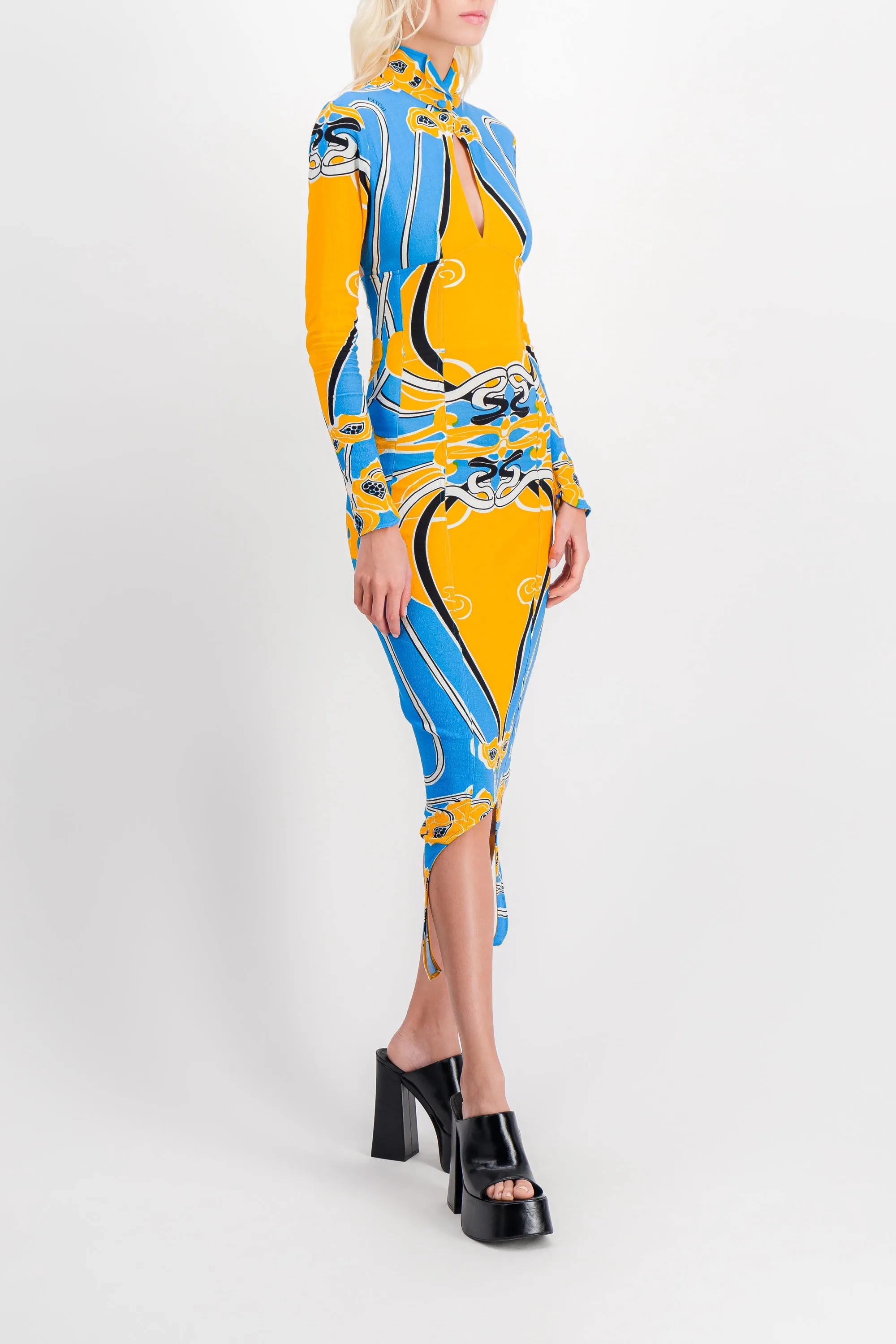 Printed cut out curve midi dress with long sleeves sold by Renaisa product image thumbnail 2