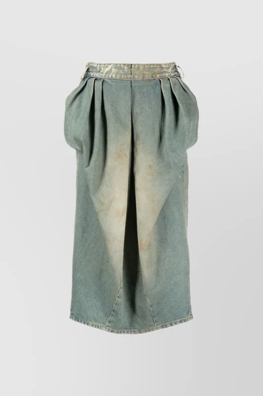 Draped midi pencil skirt in dirty wash denim sold by Renaisa