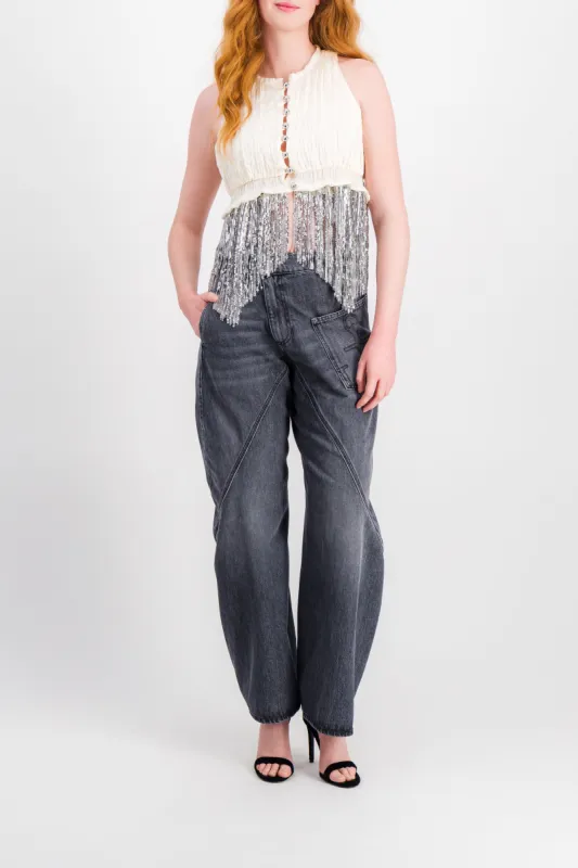 Pleated satin mesh mix sleeveless crop top sold by Renaisa