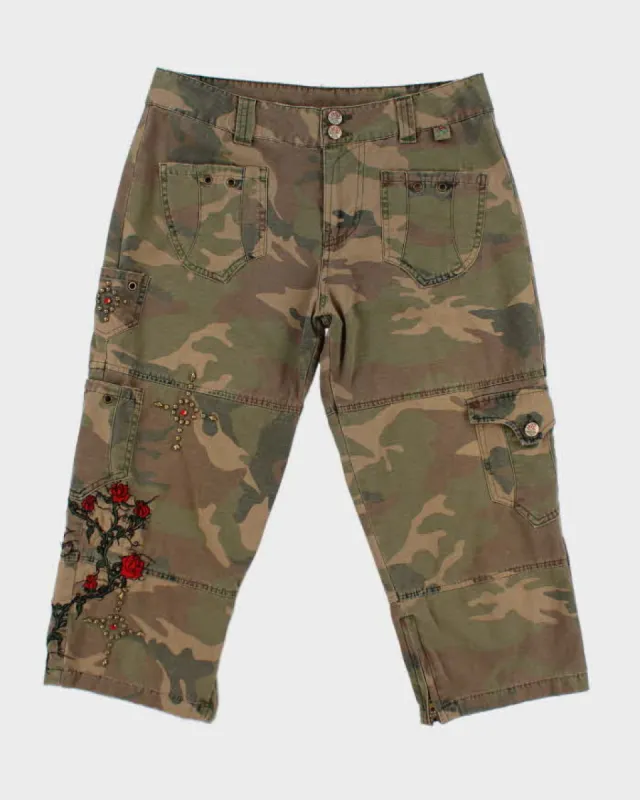 Y2k 00s Camouflage Embroidered Studded Capri Cropped Trousers - W32 sold by Rokit