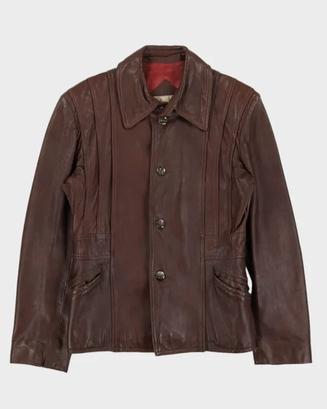 Vintage 70s Brown Leather Coat - L sold by Rokit