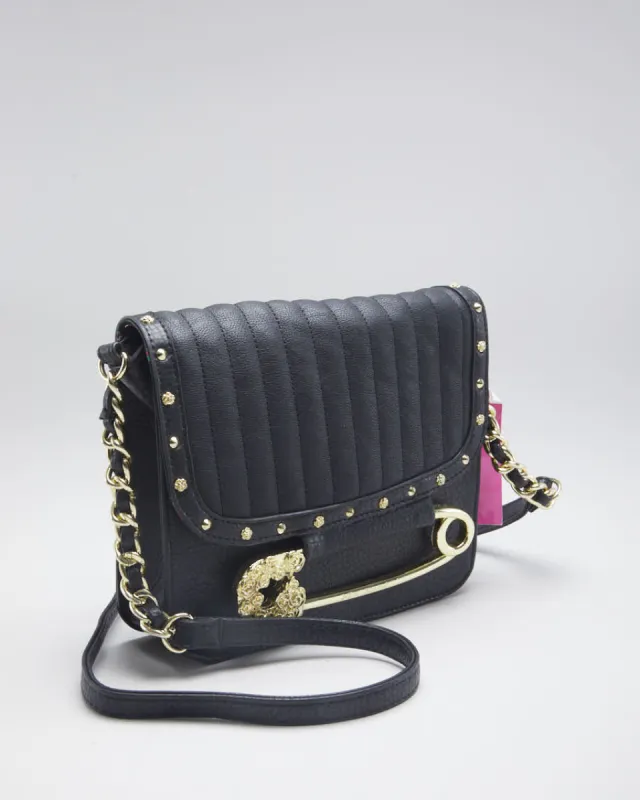 Betsey Johnson Black Pleather Gold Safety Pin Bag - O/S made by Betsey Johnson