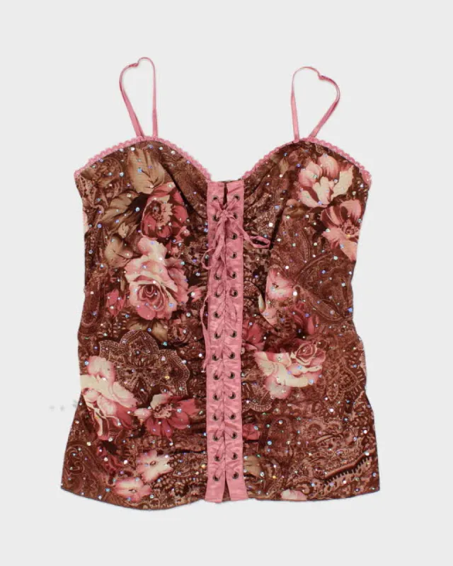 Y2k 00s Pattern Sequin Lace Up Cami Top - L sold by Rokit