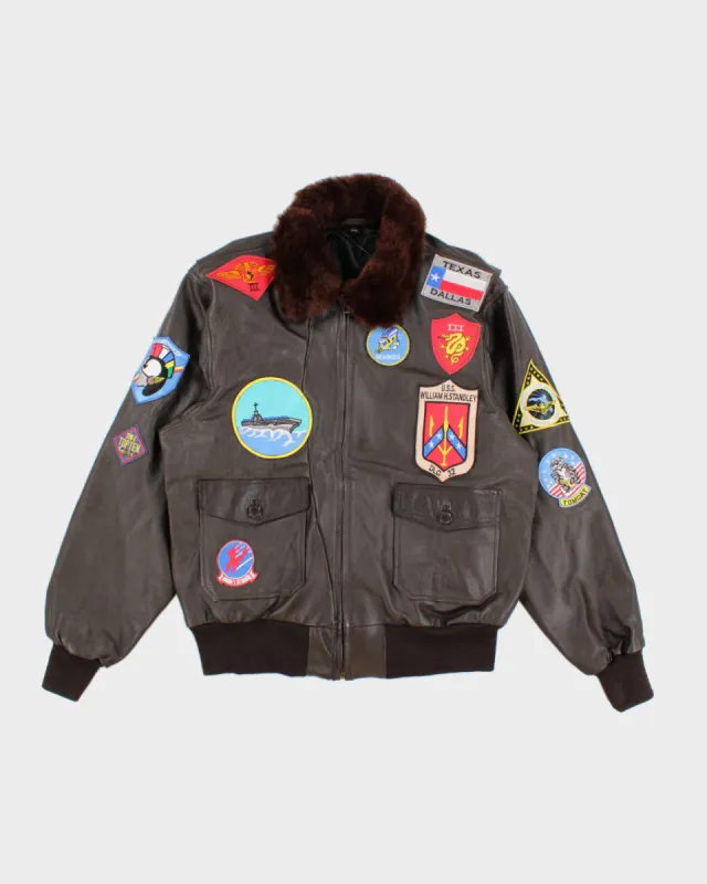 Mens Vintage Brown Leather Bomber Jacket With Patches - XL sold by Rokit