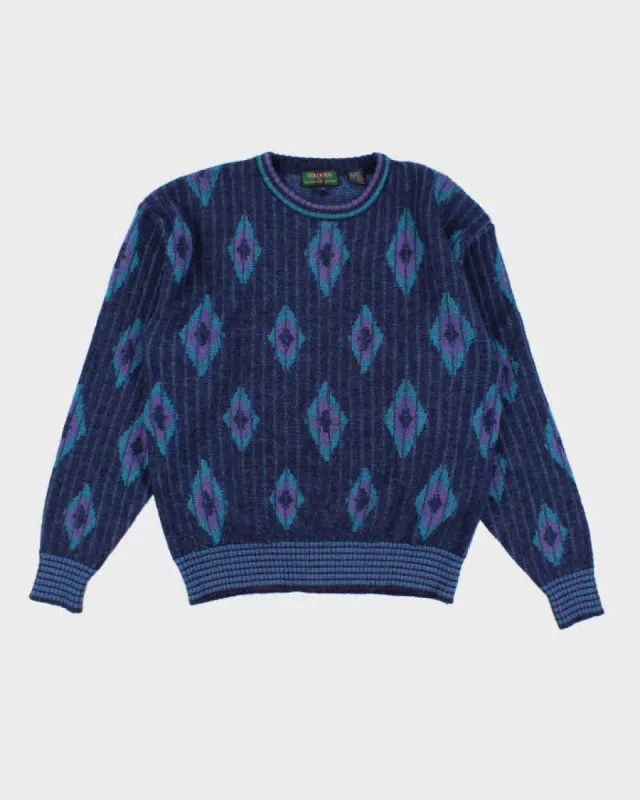Vintage Men's Blue Pattered Knit Wool Sweater - L sold by Rokit
