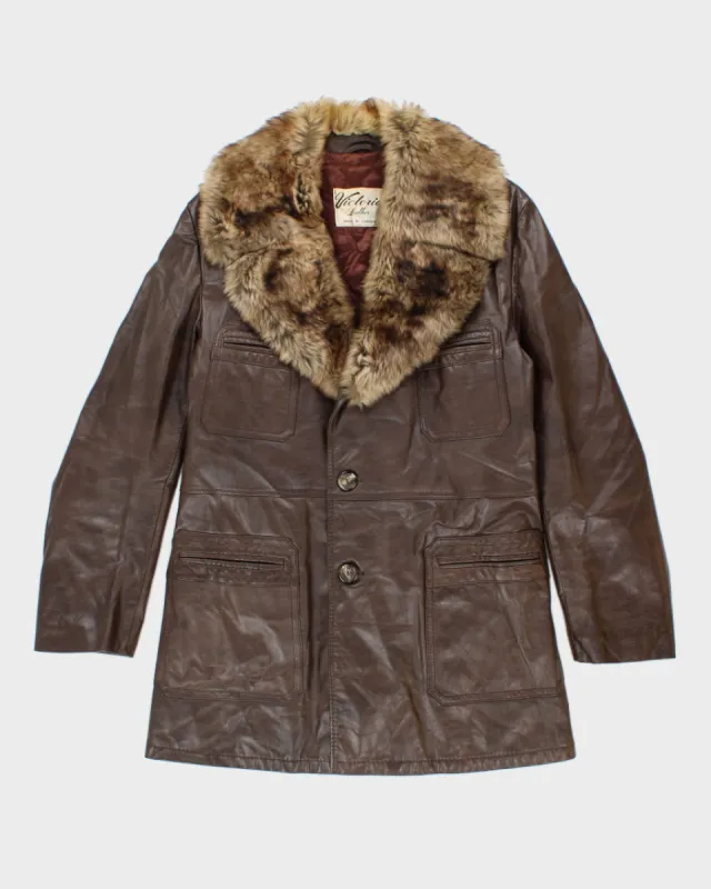 Vintage Men's Brown Leather Coat With Faux Fur Collar Trim - M sold by Rokit