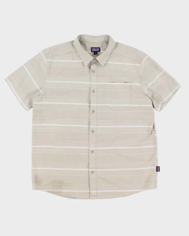 Vintage Men's Beige Striped Button Up Shirt - L sold by Rokit