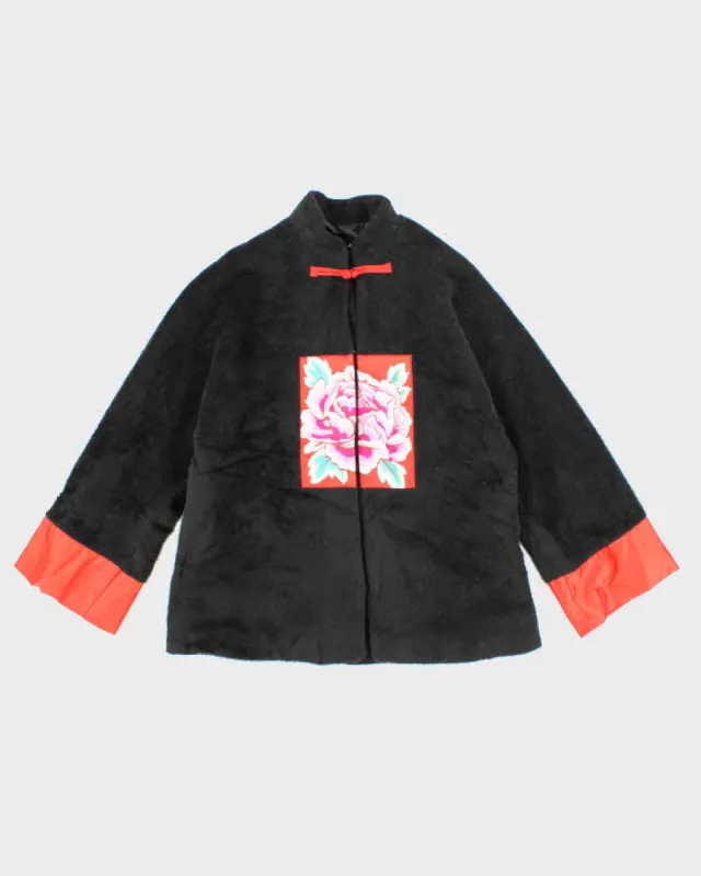 Womens 1990s Black Fuzzy Felt Mandarine Collar Embroidered Coat - M sold by Rokit