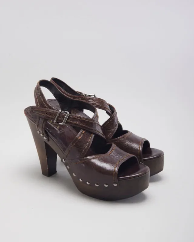 Vintage 00s Prada Brown Leather Wooden Heeled Sandals - UK 5 sold by Rokit