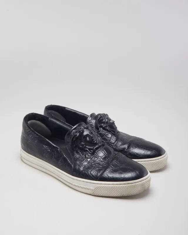 Versace Black Leather Medusa Embellished Slip On Shoes - UK 9.5 made by Versace