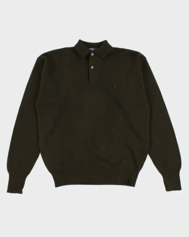 Vintage 90s Polo by Ralph Lauren Green Lambswool Collared Jumper - M sold by Rokit