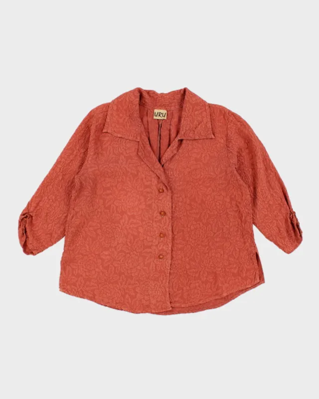 Uru Burnt Orange Silk Floral Textured Blouse - L sold by Rokit