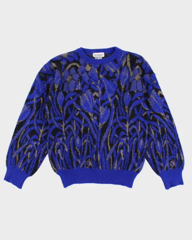 Vintage 80s Men's Blue Patterned Knit Wool sweater - M sold by Rokit