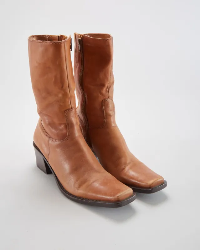 Vintage Square Toe Leather Brown Boots - Womens UK 8 sold by Rokit