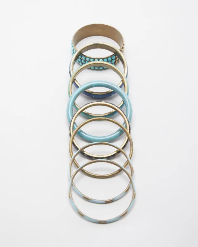 Vintage Brass and Turquoise Set of 8 Bangles made by Rokit
