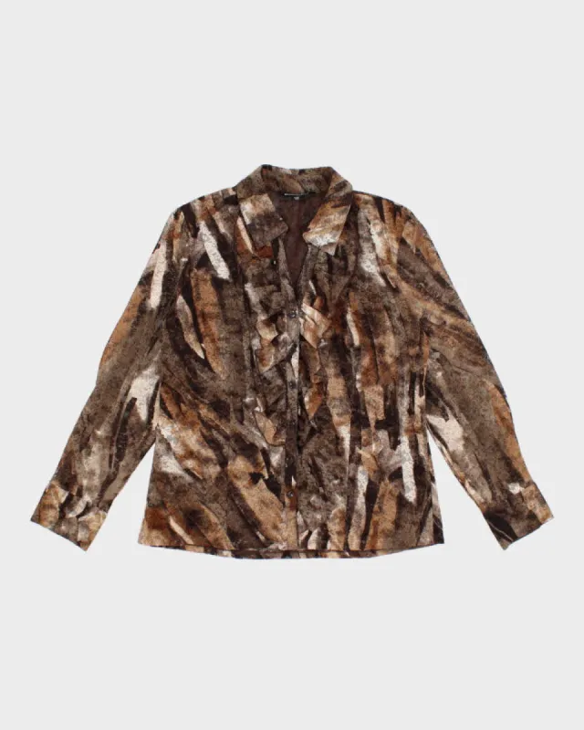 00s Textured Ruffled Brown Blouse - M sold by Rokit