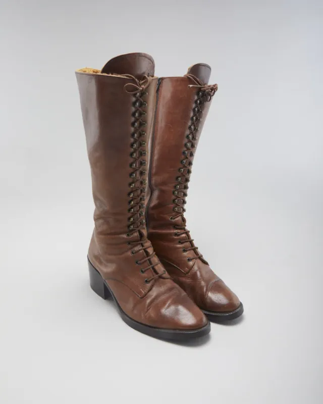 Vintage Women's Brown Leather Lace Up Heeled Boots - UK6 sold by Rokit