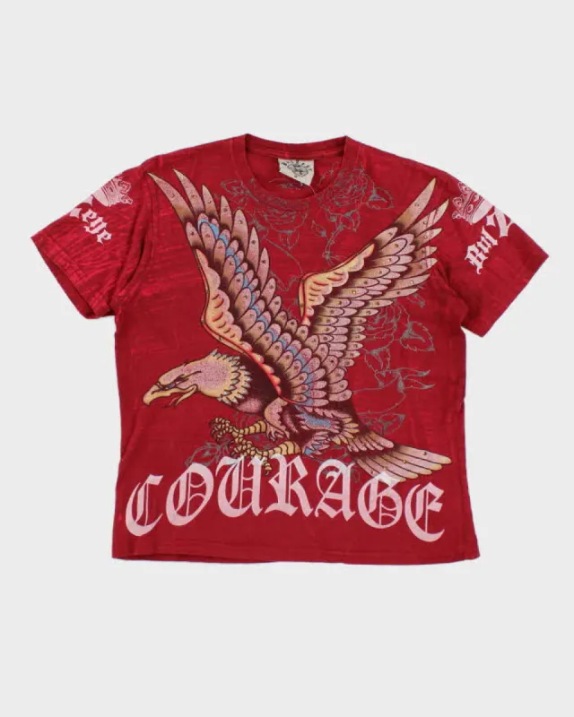 Y2k 00s Bulzeye Eagle Rhinestone Red T-shirt - M sold by Rokit