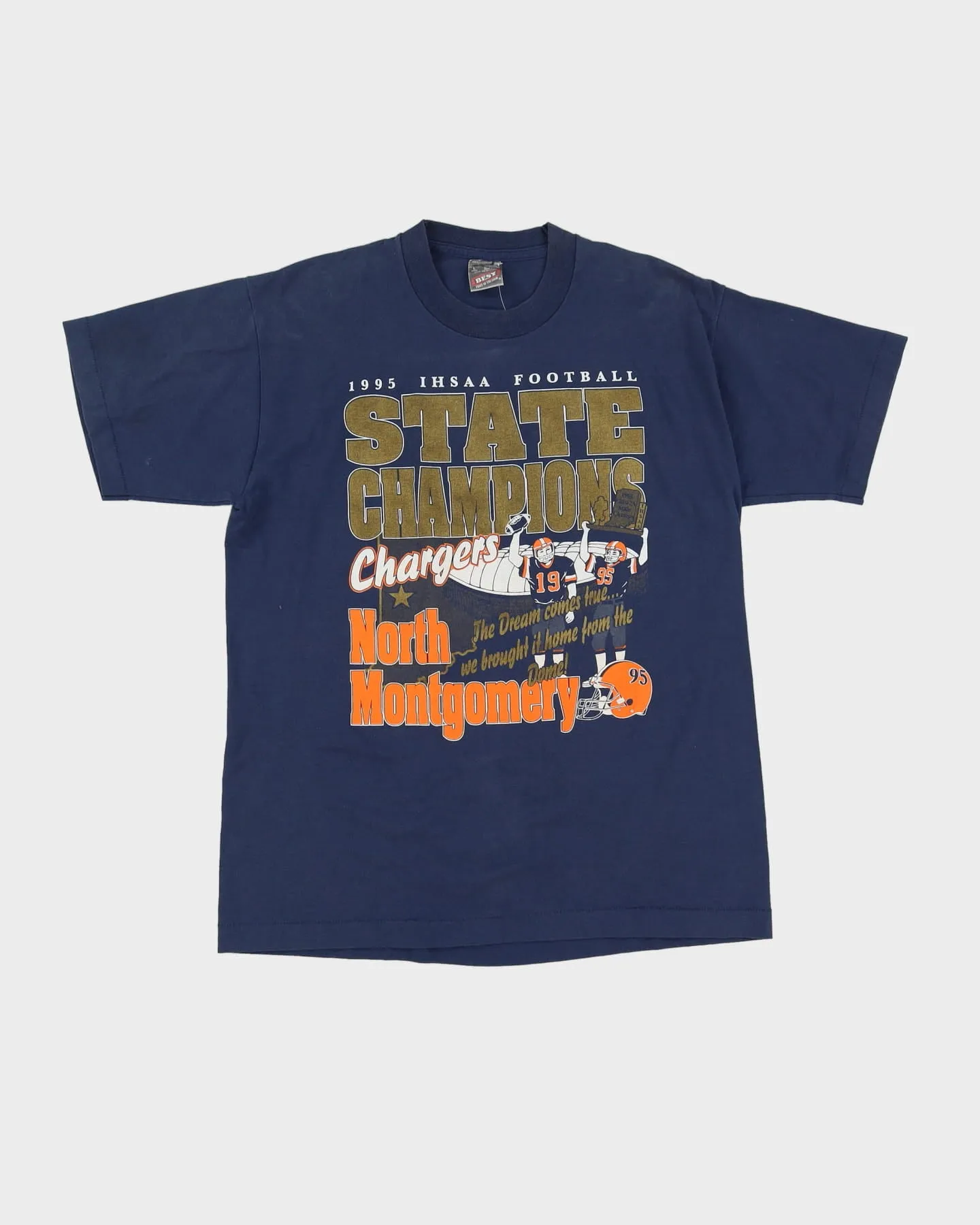 Vintage 1995 IHSAA Football State Champions Dark Blue Single Stitch Screen Stars T-Shirt - L sold by Rokit