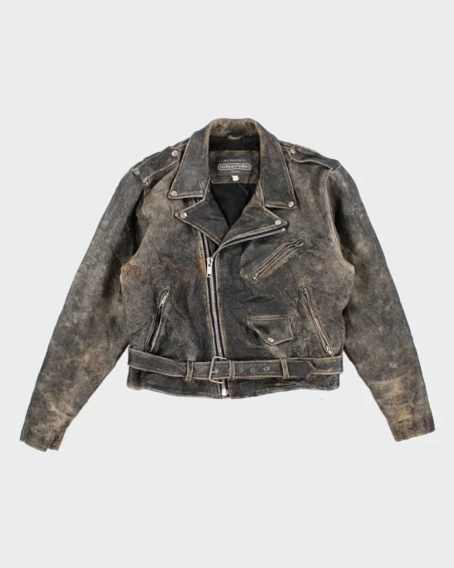 90's Perfectly Thrashed Leather Biker Jacket - L sold by Rokit