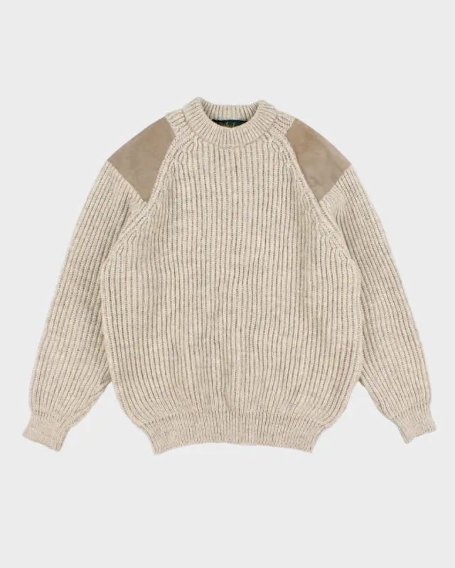 Vintage Men's Chunky Knit Wool Jumper With Suede Shoulders - L sold by Rokit