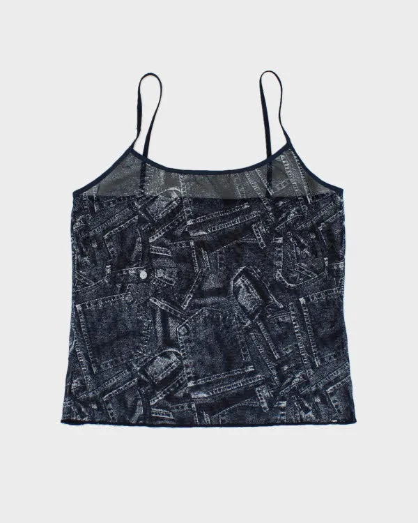 Y2k 00s Denim Print Mesh Cami - M sold by Rokit